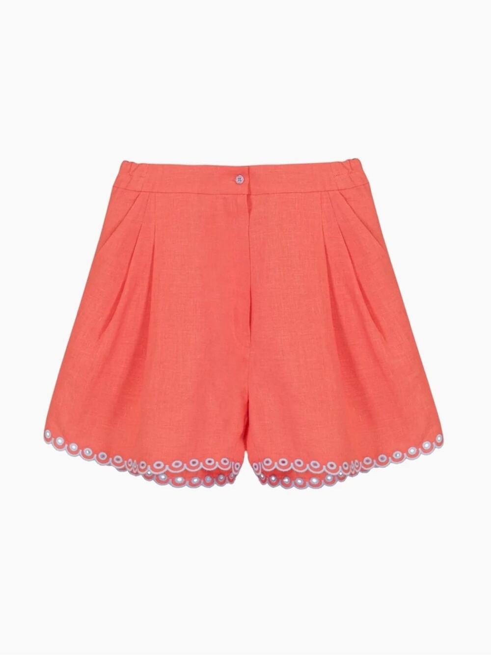 Sleeper Petra Coral Embroidered Linen Scallop Hem Shorts, NEW, Small, MSRP $328
